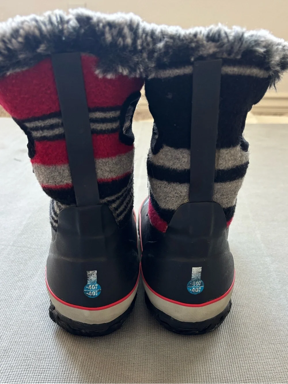 Bogs Kids Gray Boots with Red Accents and Faux-Fur Cuff